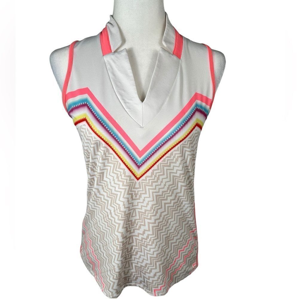 Lucky In Love White & Pink Multi Print Sleeveless Golf Polo Top
